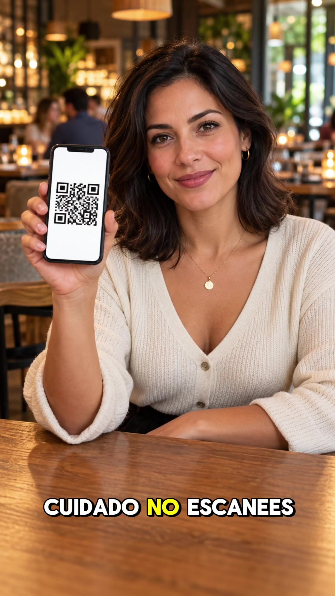 Mujer mostrando un código QR al inicio del video
